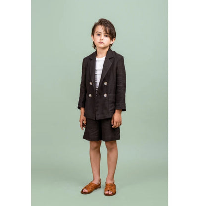 Black Linen Blend Double Breasted Jacket &amp; Shorts