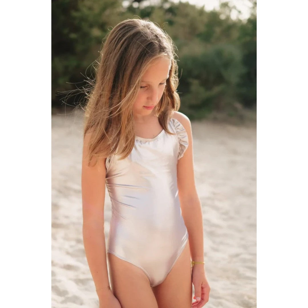 Sorbet Silver Metallic One Piece Swimsuit With Ruffles