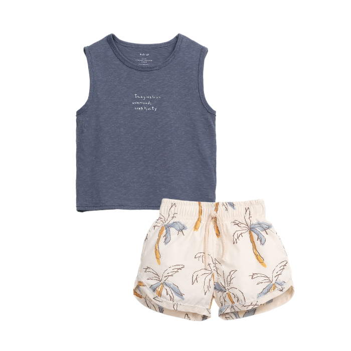 Blue Sleeveless Jersey T-shirt &amp; Palm Trees Swim Shorts