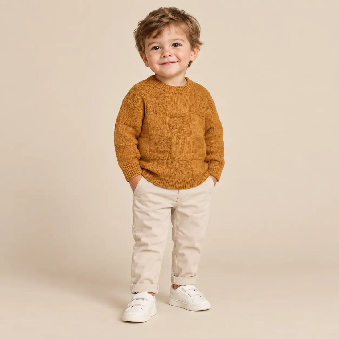 Fanatical squares knitted sweater sandstone - 2Y boy lookbook pose 1