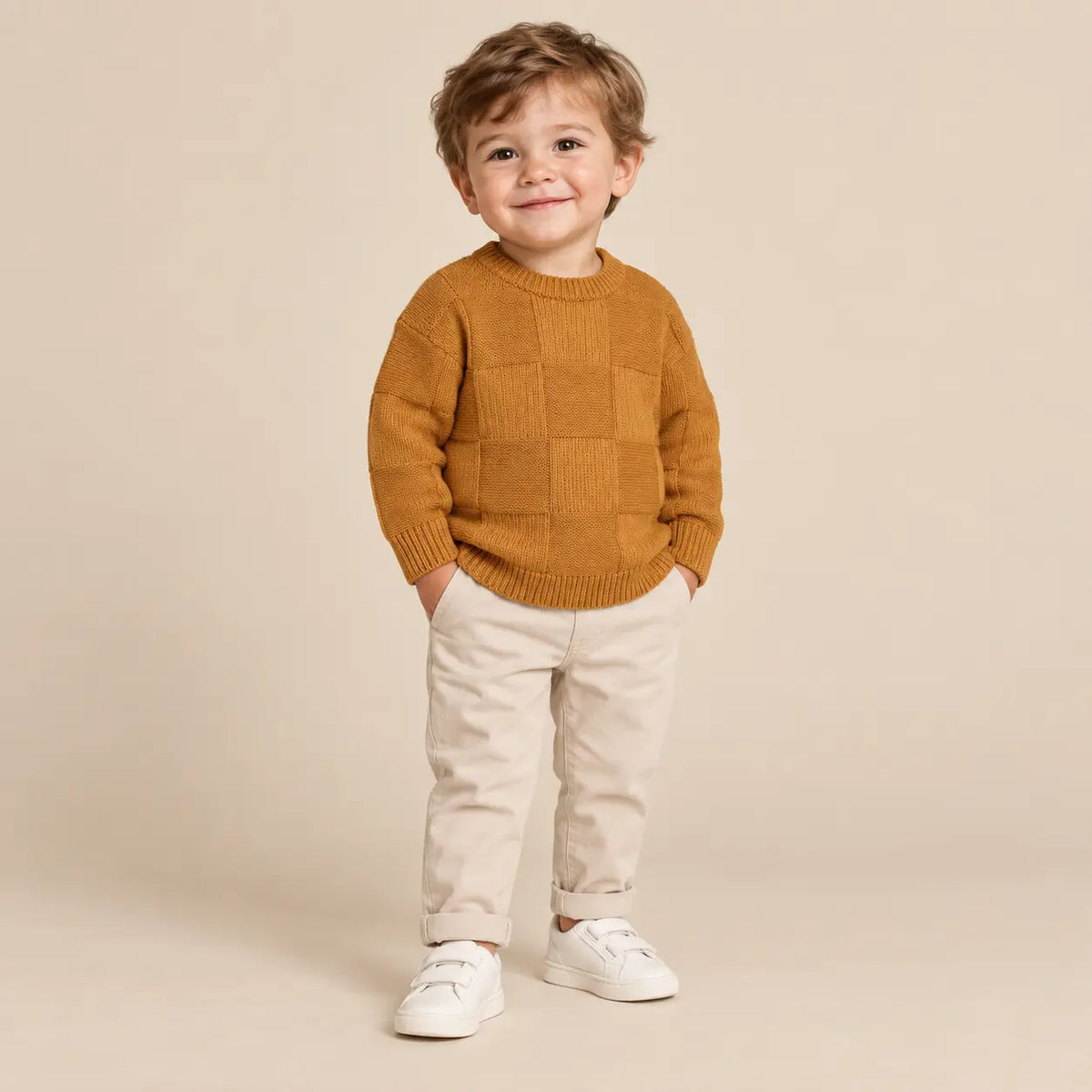 Fanatical squares knitted sweater sandstone - 2Y boy lookbook pose 1