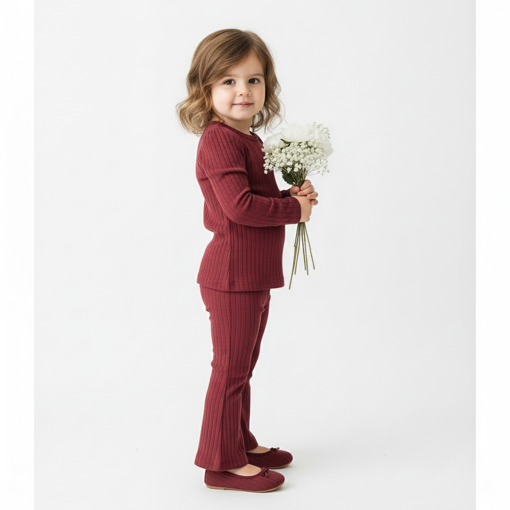 Baby Girl Ribbed T-shirt &amp; Flared Leggings - Burgundy
