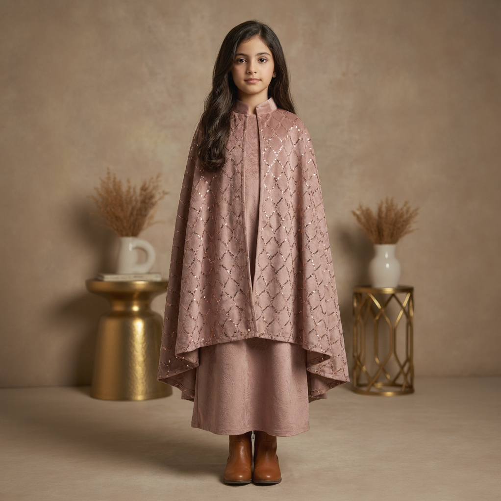 Yara Pink Velvet Cape Set