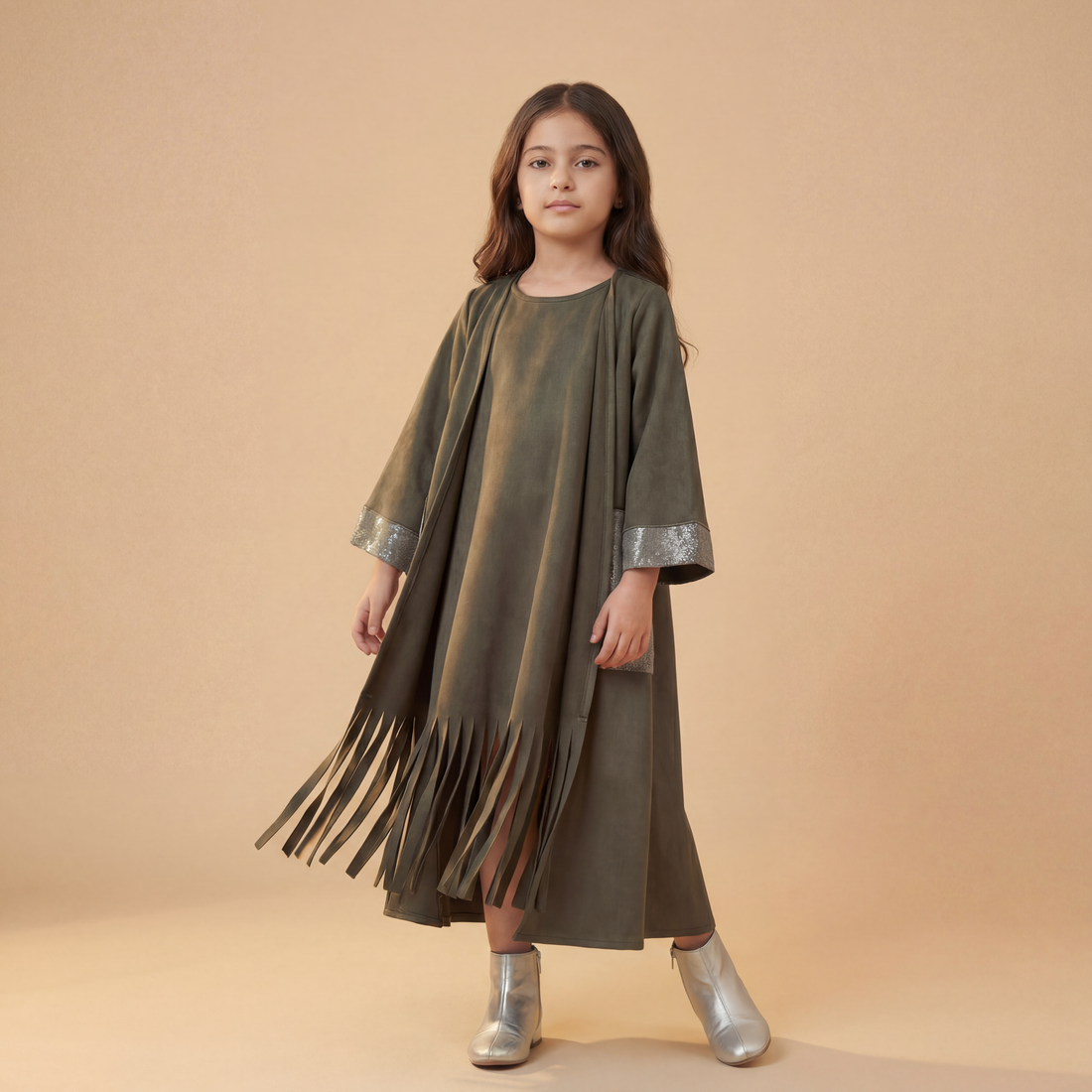 Zayna Olive Suede Fringe Set