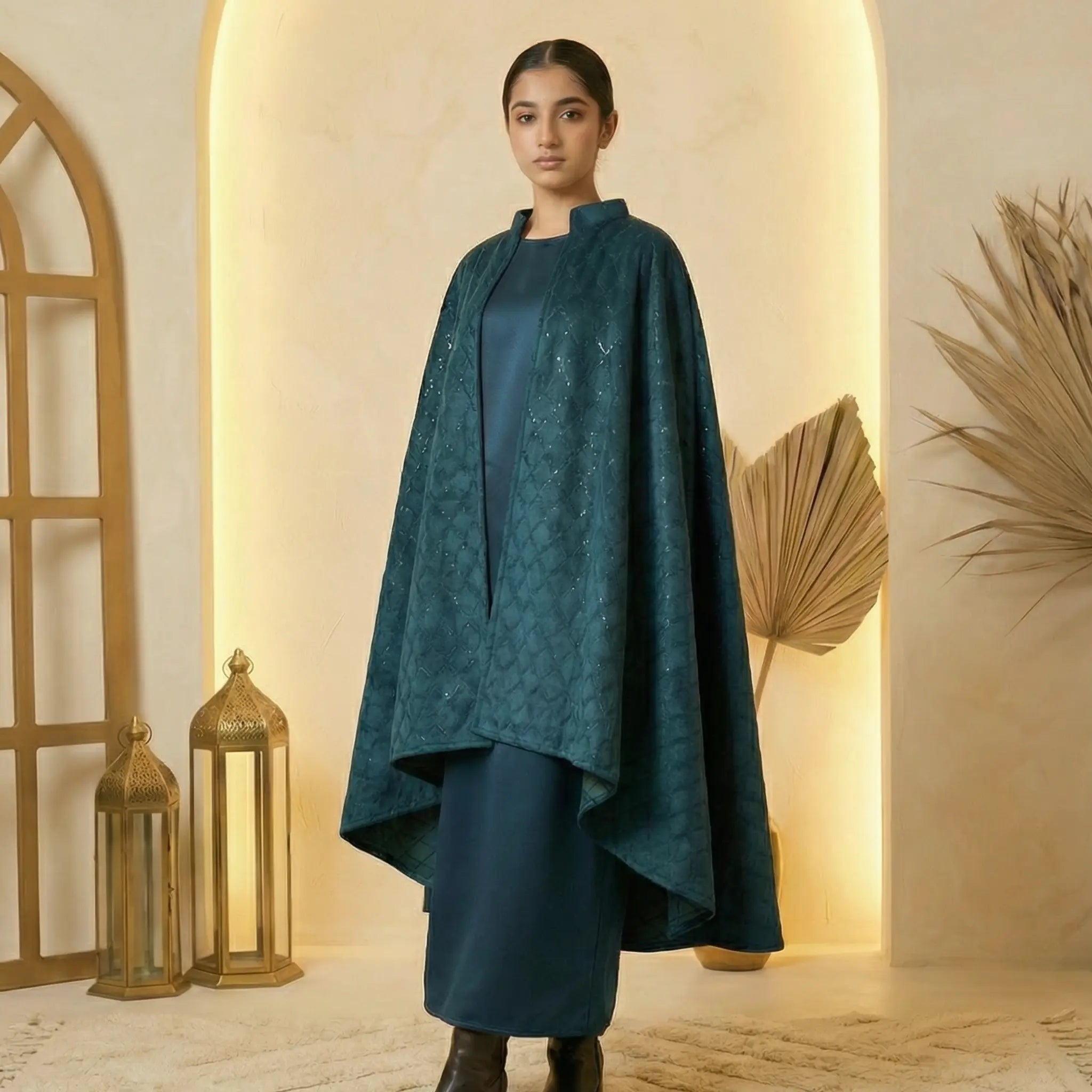 Yara Teal Velvet Cape Set LAYALEE