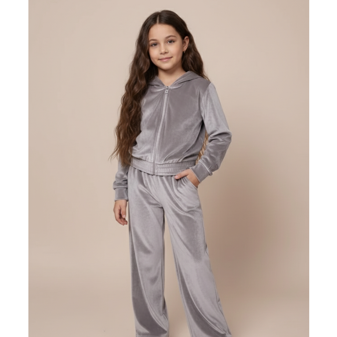 Girls Velvet Hoodie Set  - Grey