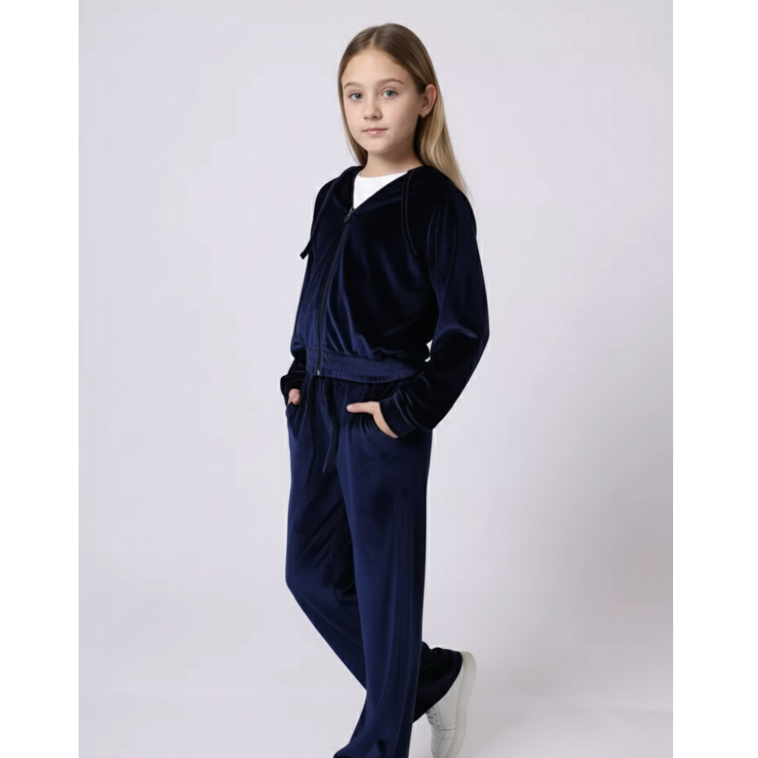 Girls Velvet Hoodie Set  - Navy