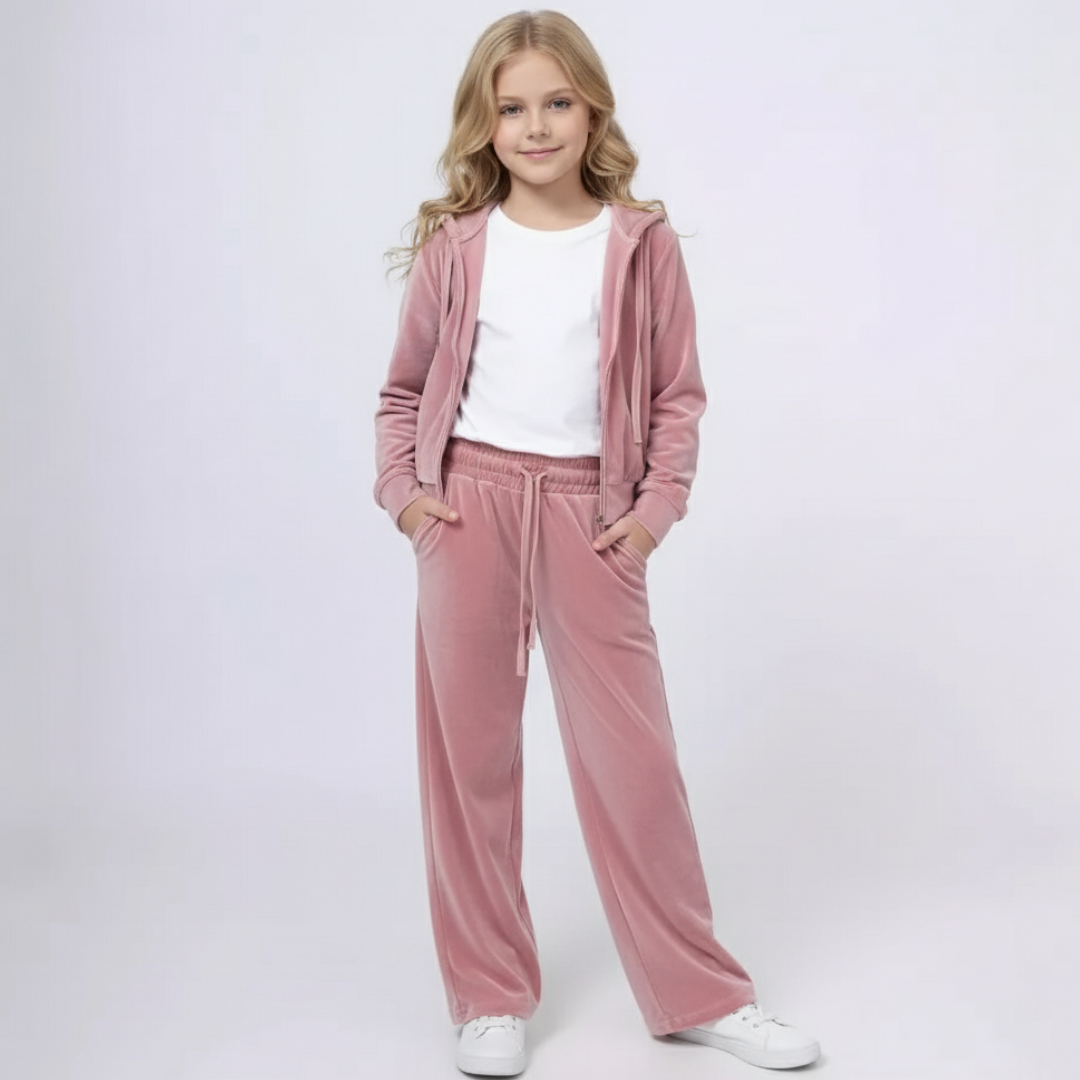 Girls Velvet Hoodie Set  - Pink