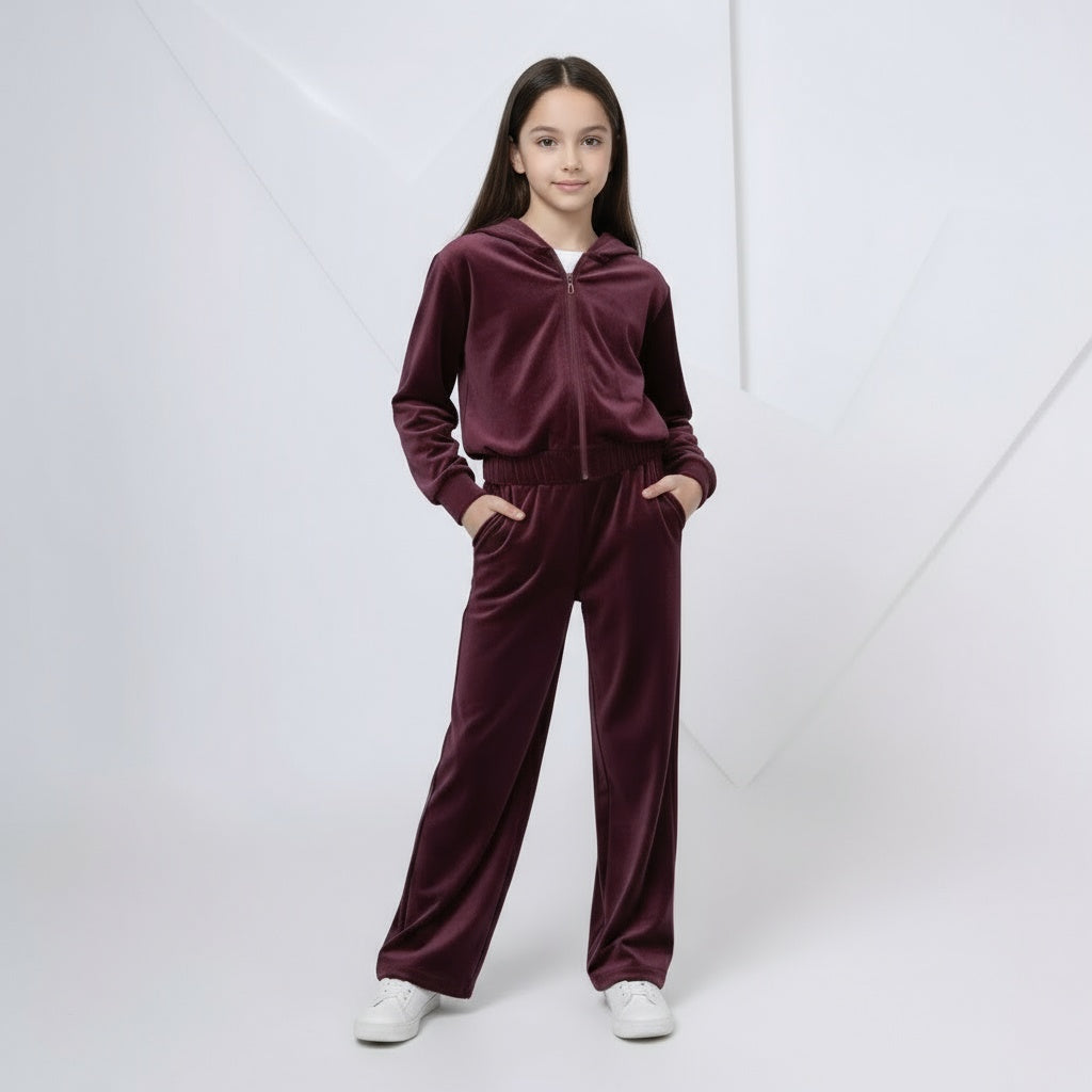 Girls Velvet Hoodie Set - Burgundy