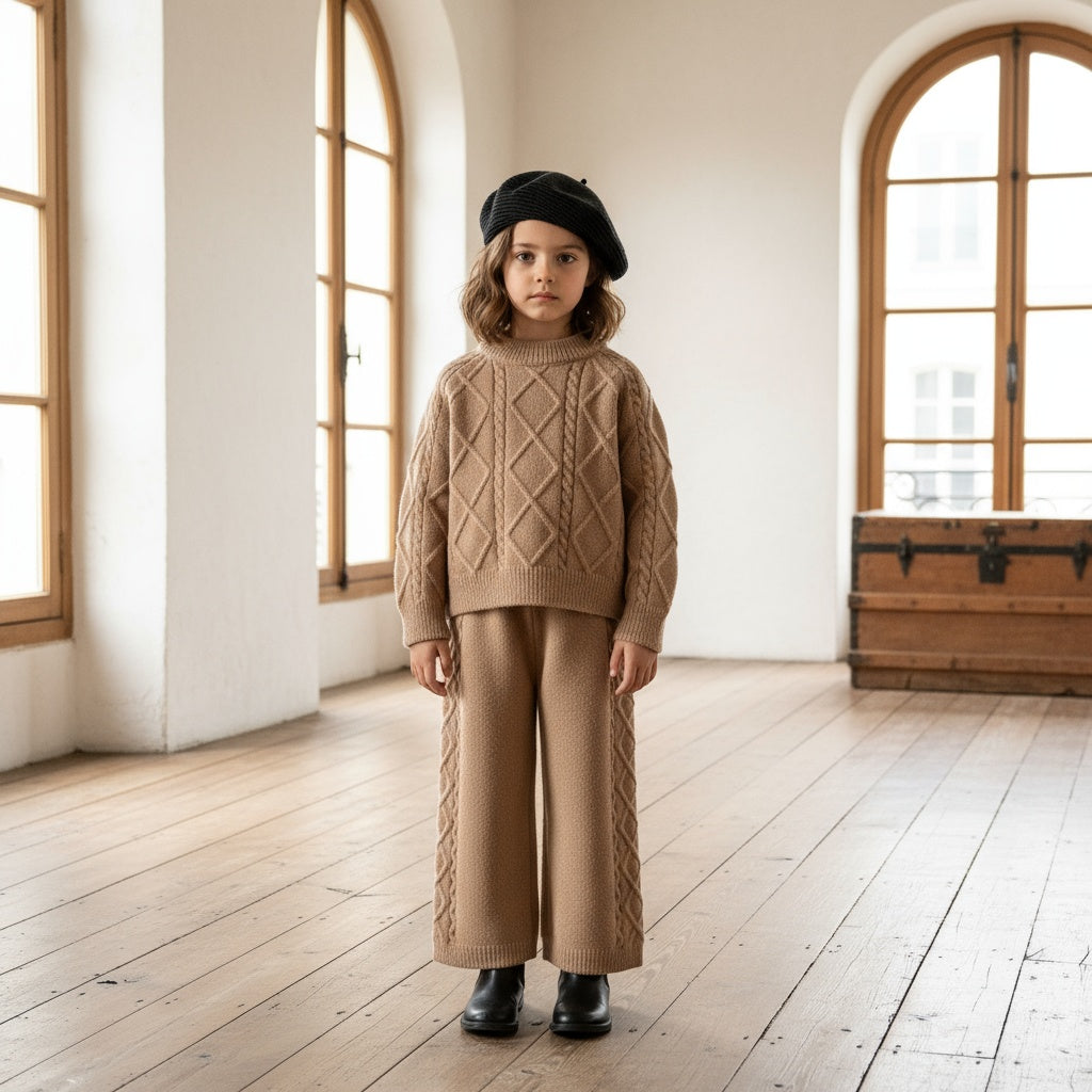 Child wearing a beige cable knit sweater and pants in a room with wooden floors and large windows.