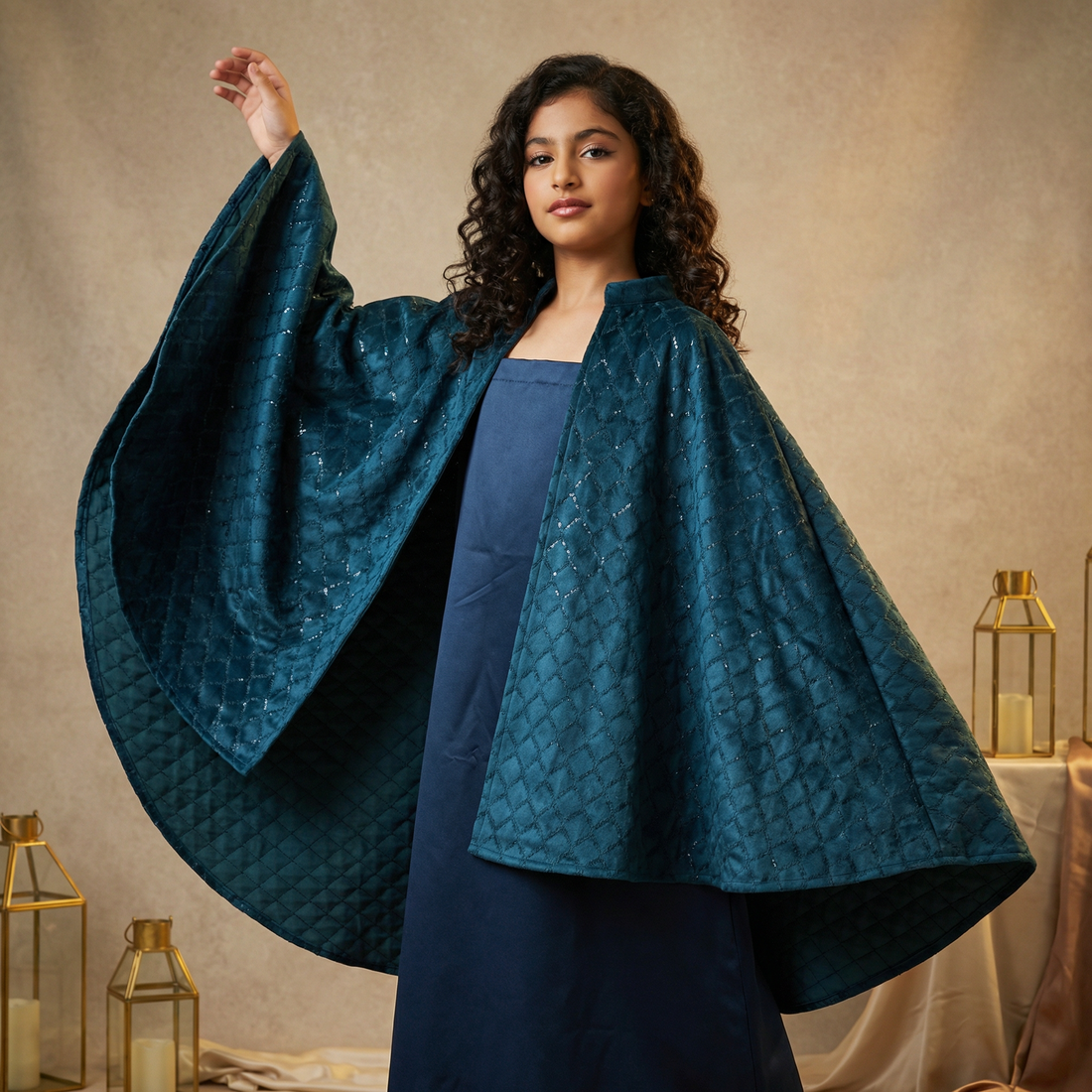 Yara Teal Velvet Cape Set