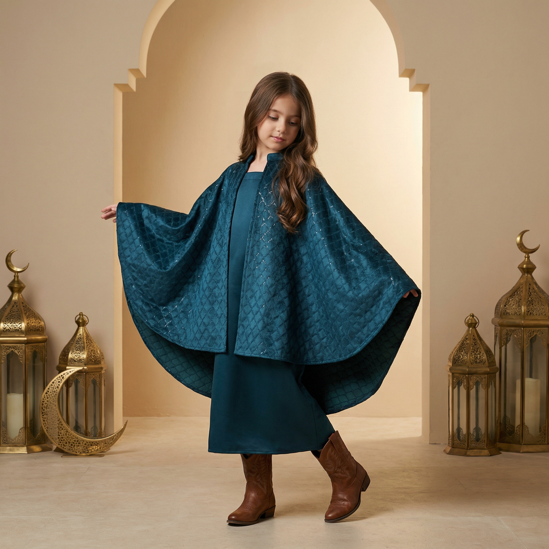 Yara Teal Velvet Cape Set