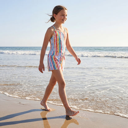 Girls Sunset Watercolor Stripes Swimsuit &amp; Trunks