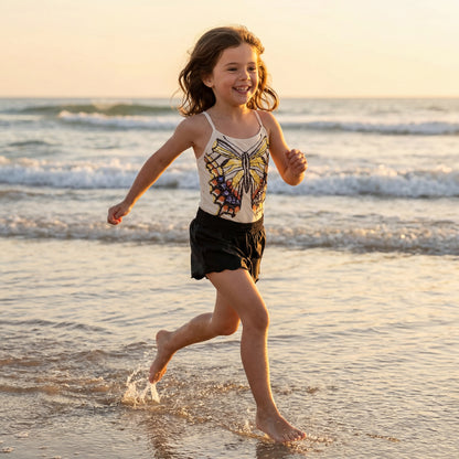 Girls Glitter Wings Swimsuit &amp; Black Trunks Set