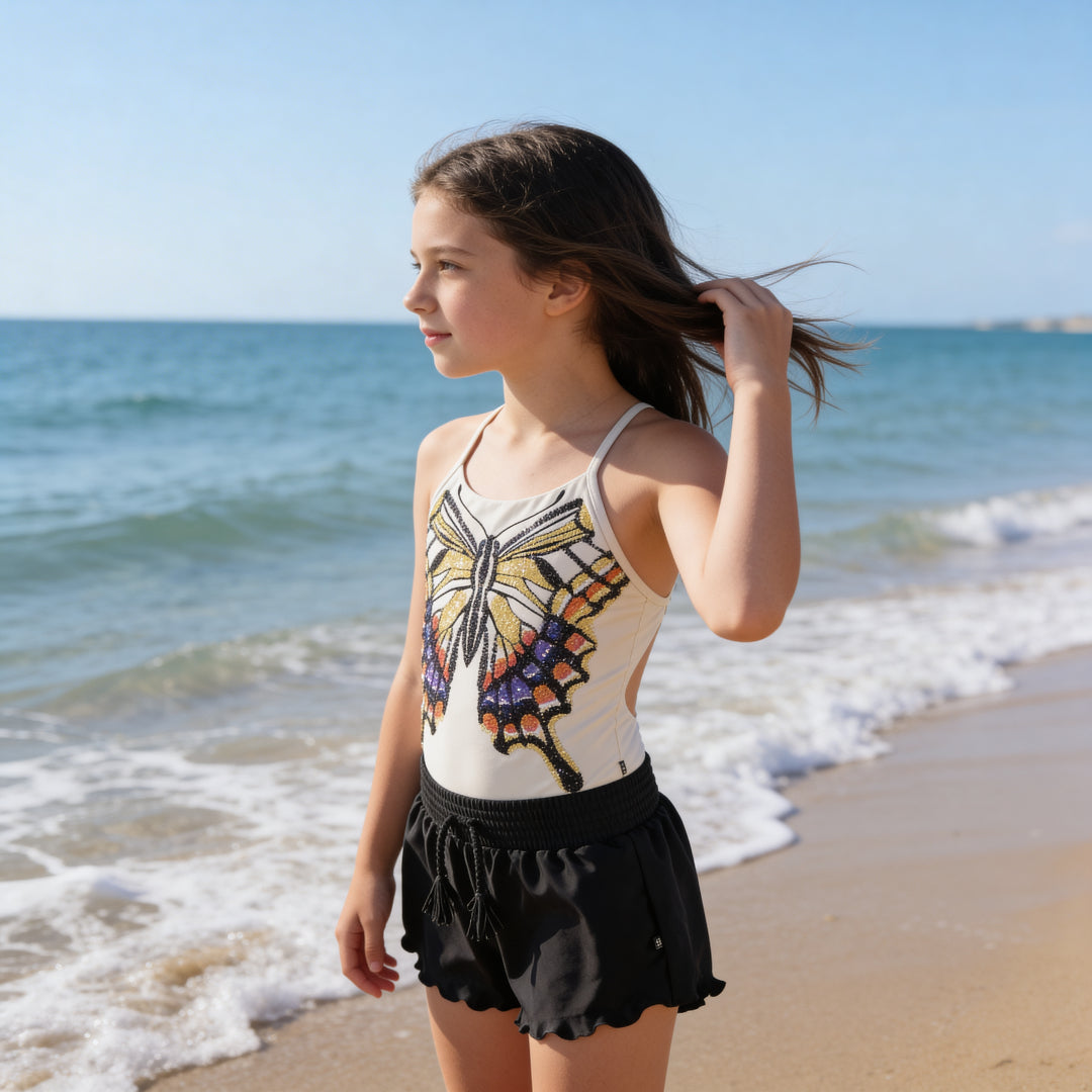 Girls Glitter Wings Swimsuit &amp; Black Trunks Set