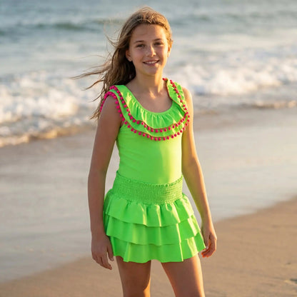 Sissi Lime Neon Green One Piece &amp; Skirt PICCOLI PRINCIPI SWIMWEAR