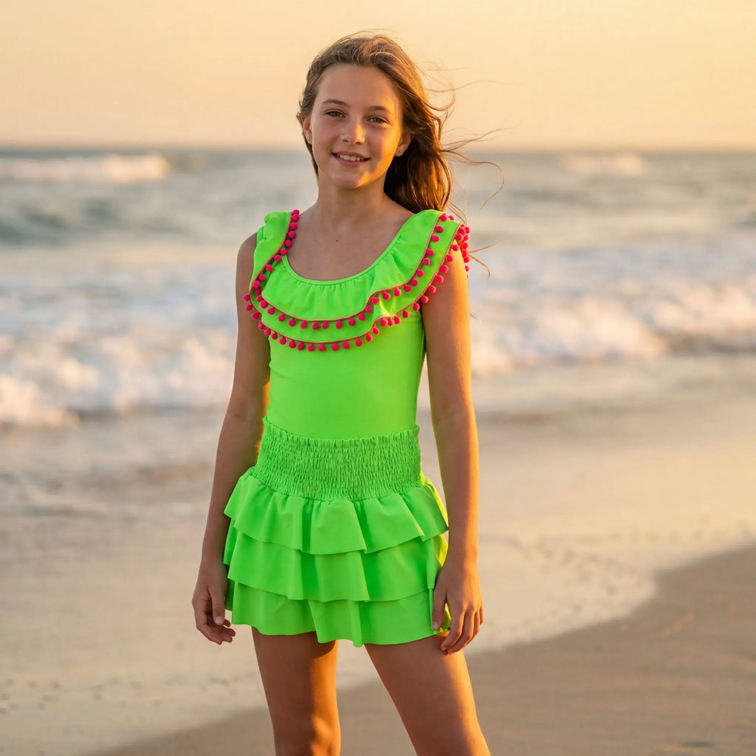 Sissi Lime Neon Green One Piece &amp; Skirt PICCOLI PRINCIPI SWIMWEAR