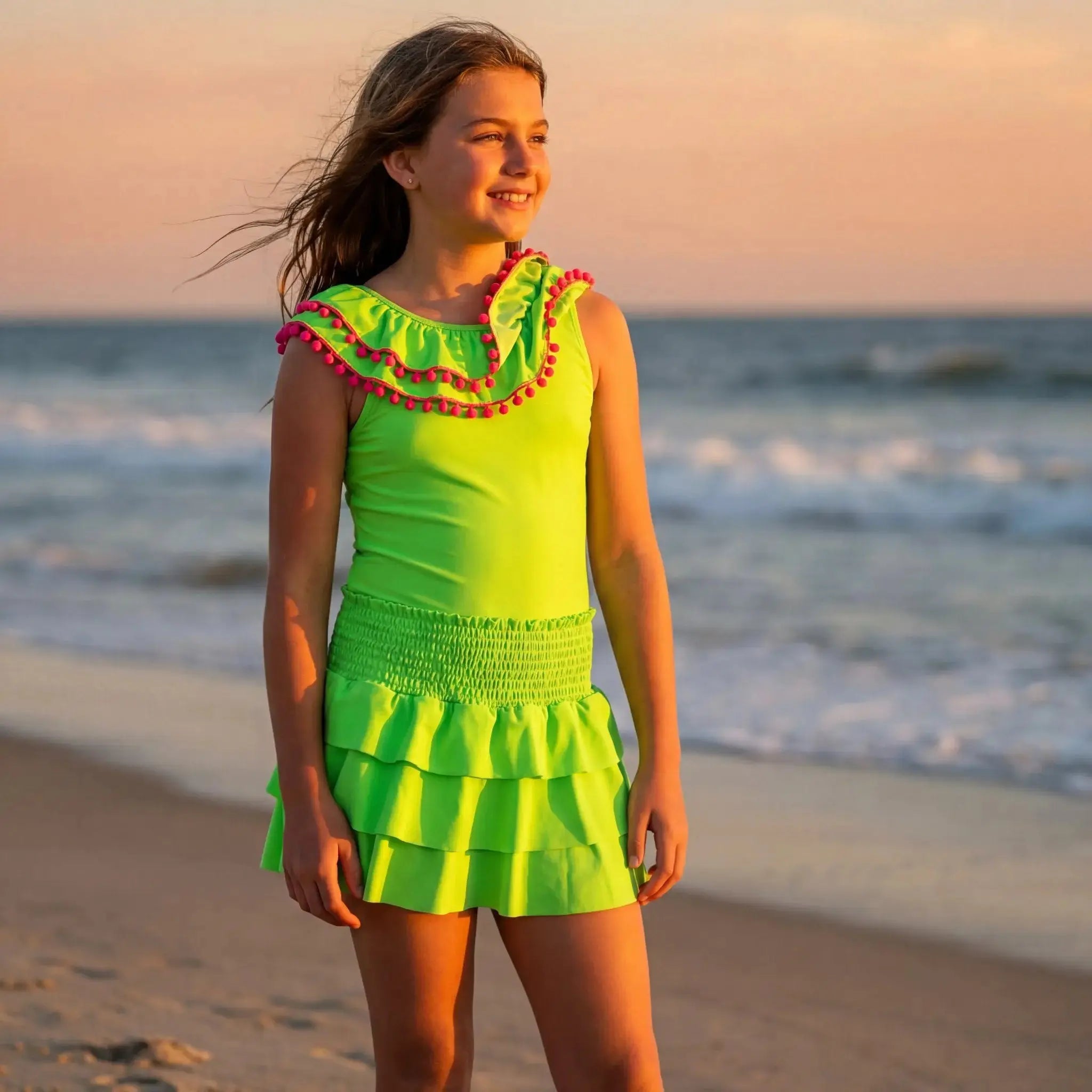 Sissi Lime Neon Green One Piece &amp; Skirt PICCOLI PRINCIPI SWIMWEAR