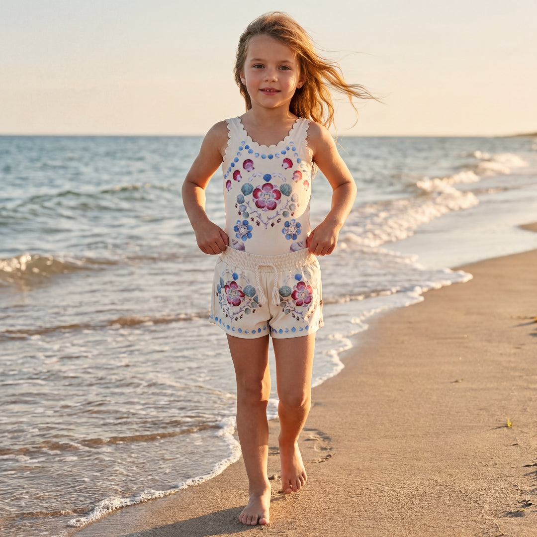 Girls Coastal Shell Swimsuit &amp; Trunks Set
