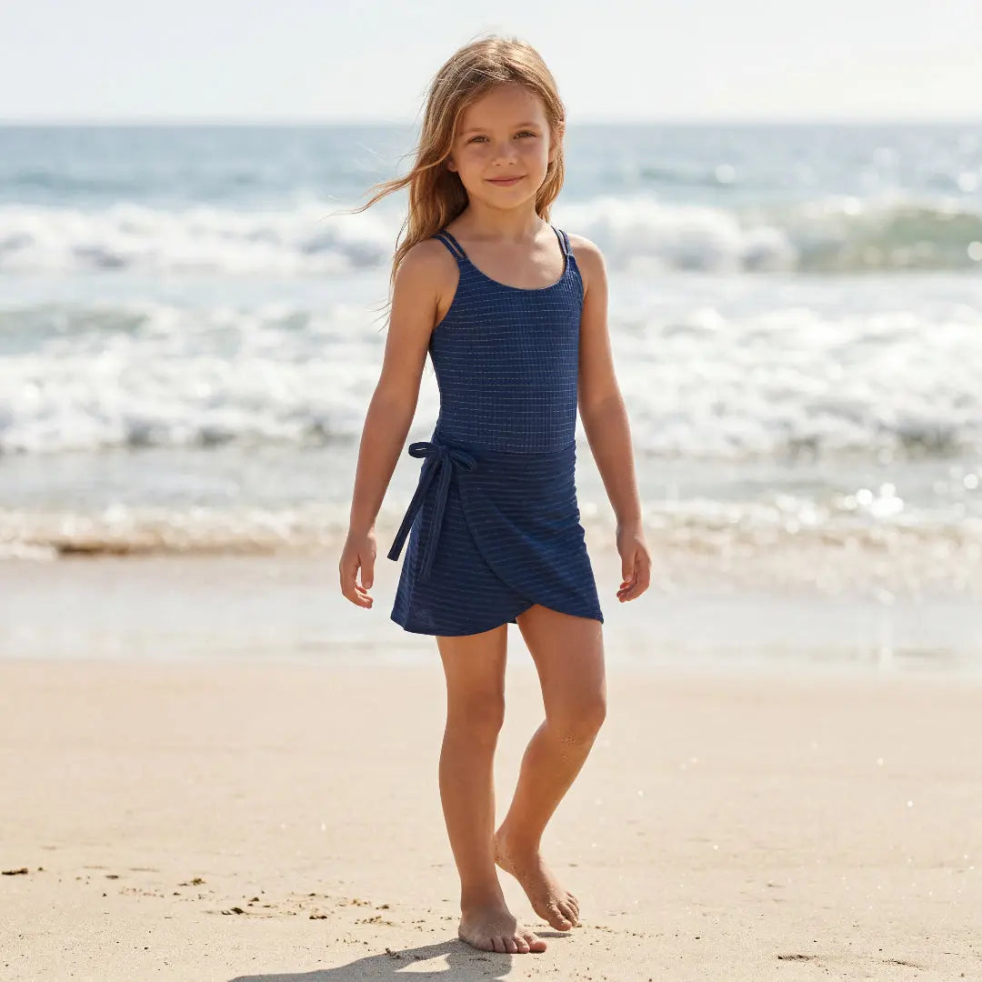 Navy Gold Stripe Swimsuit &amp; Wrap Skirt Set Lison Paris