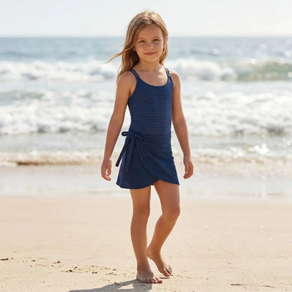 Navy Gold Stripe Swimsuit &amp; Wrap Skirt Set Lison Paris