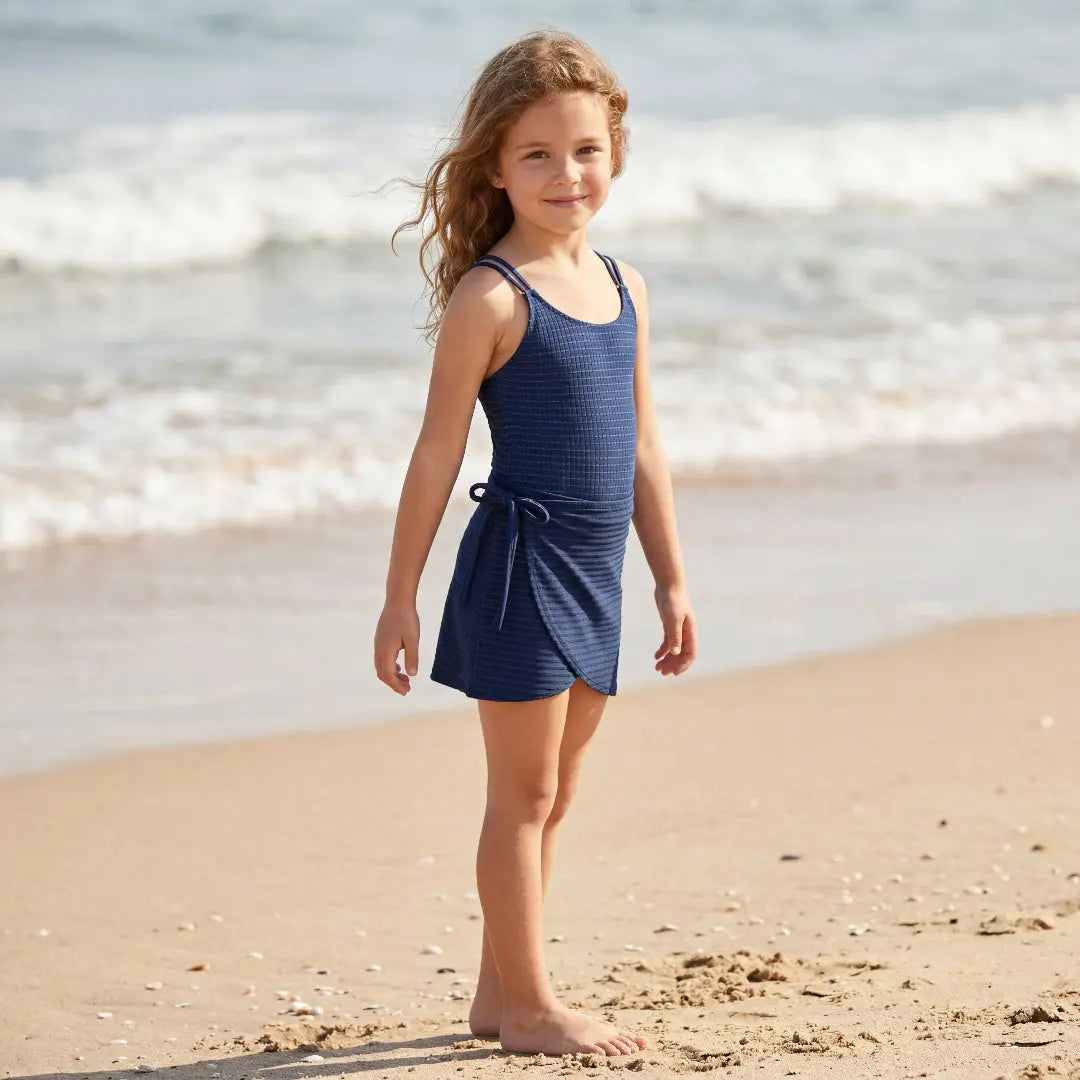 Navy Gold Stripe Swimsuit &amp; Wrap Skirt Set Lison Paris