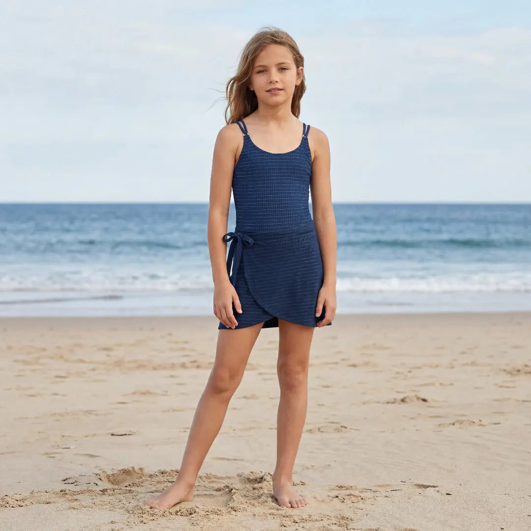 Navy Gold Stripe Swimsuit &amp; Wrap Skirt Set Lison Paris