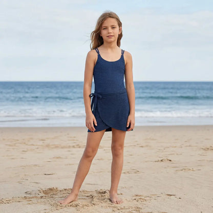Navy Gold Stripe Swimsuit &amp; Wrap Skirt Set Lison Paris