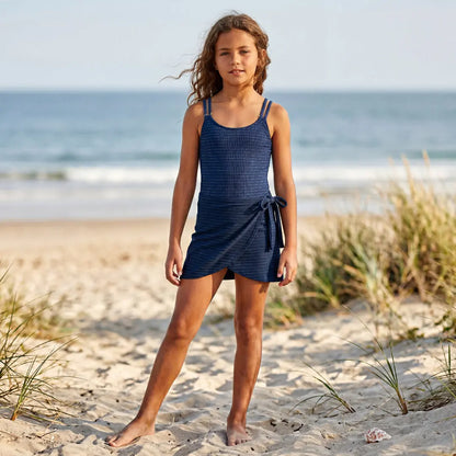 Navy Gold Stripe Swimsuit &amp; Wrap Skirt Set Lison Paris