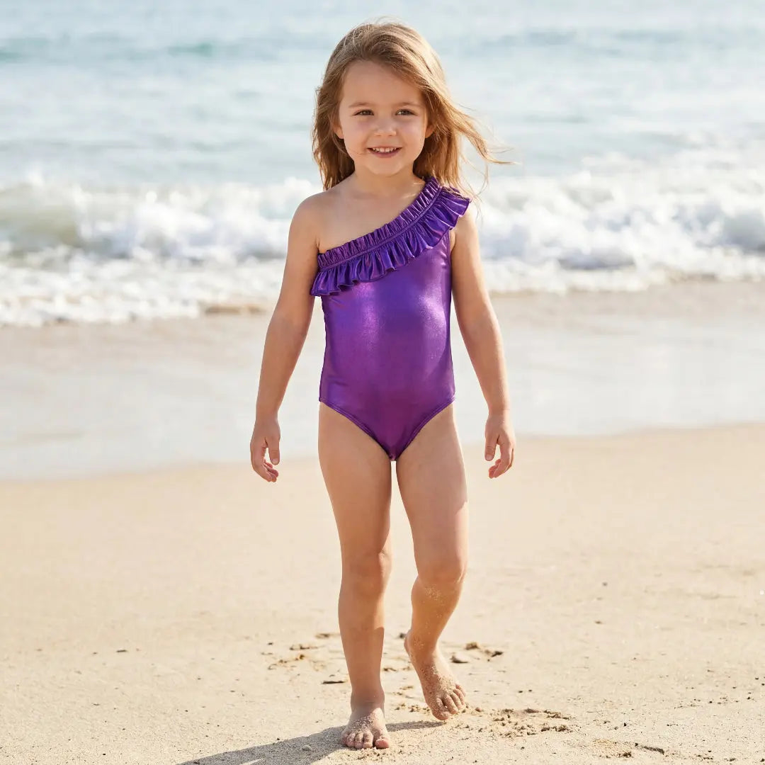 Metallic Purple One-Shoulder Ruffle Girls Swimsuit Lison Paris
