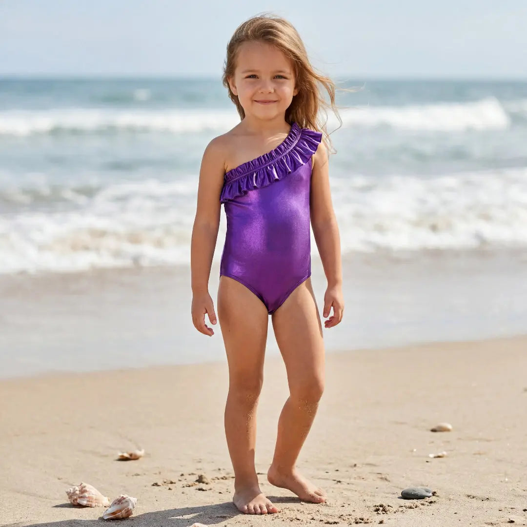 Metallic Purple One-Shoulder Ruffle Girls Swimsuit Lison Paris