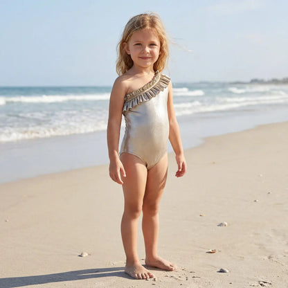 Champagne Metallic One-Shoulder Ruffle Girls Swimsuit Lison Paris