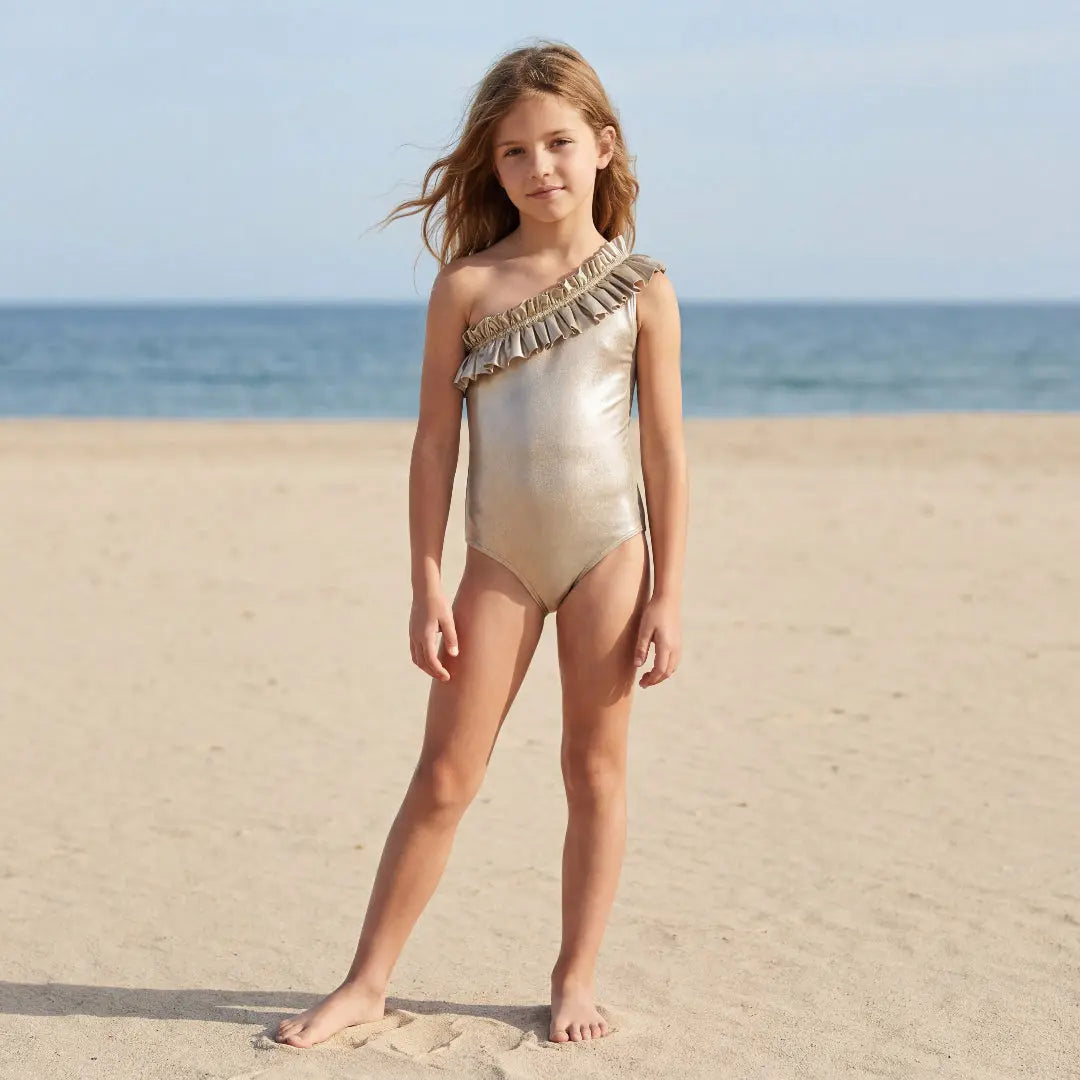 Champagne Metallic One-Shoulder Ruffle Girls Swimsuit Lison Paris