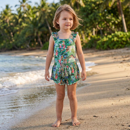 Girls Green Tropical Swimsuit &amp; Shorts Set