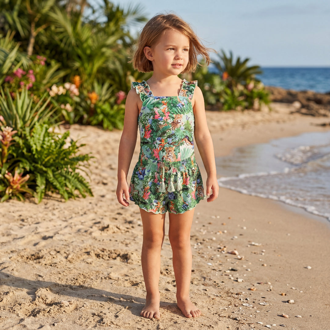 Girls Green Tropical Swimsuit &amp; Shorts Set