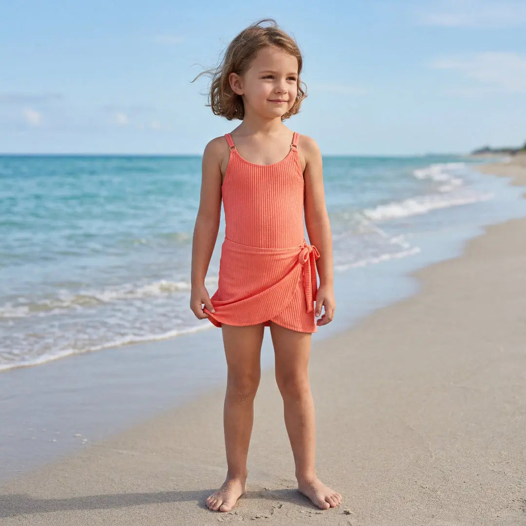 Coral Neon Swimsuit &amp; Wrap Skirt Set Lison Paris