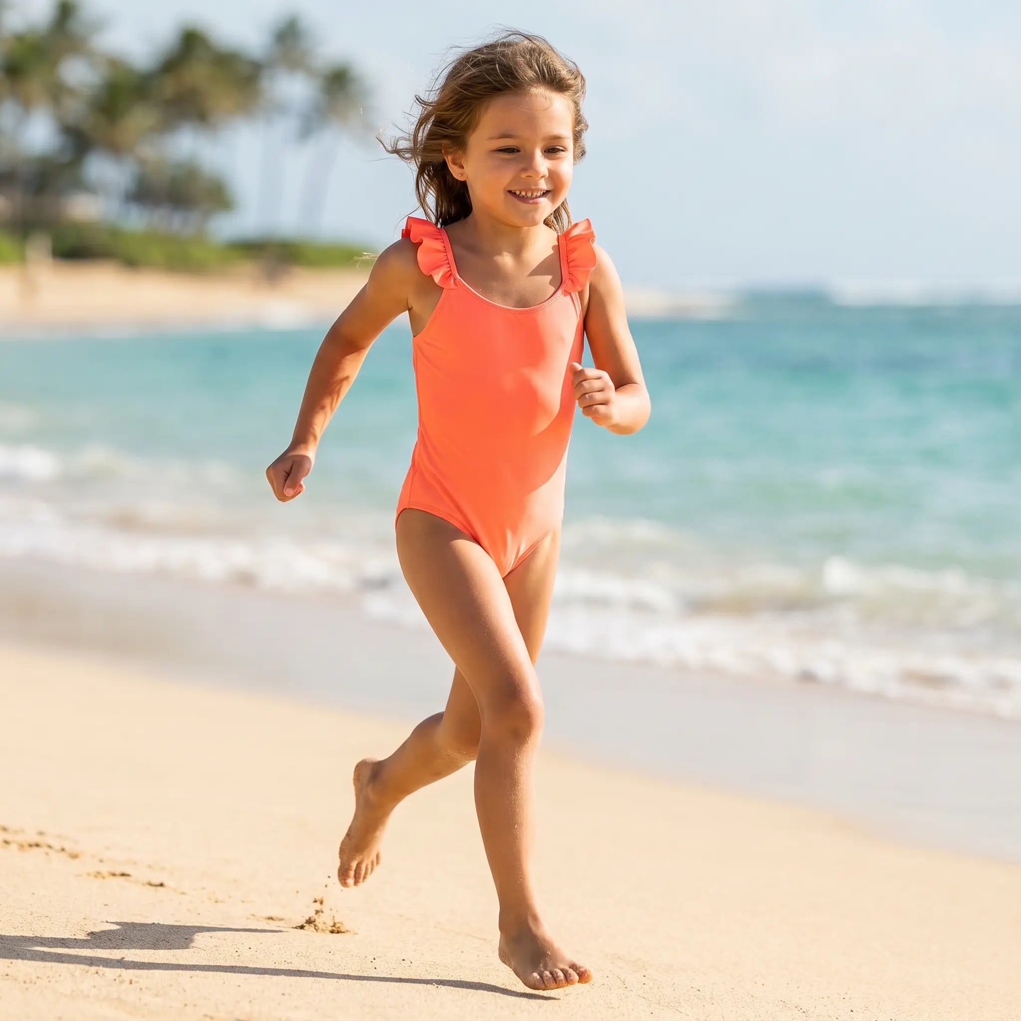 Neon Coral One Piece Girls Swimsuit LISON PARIS