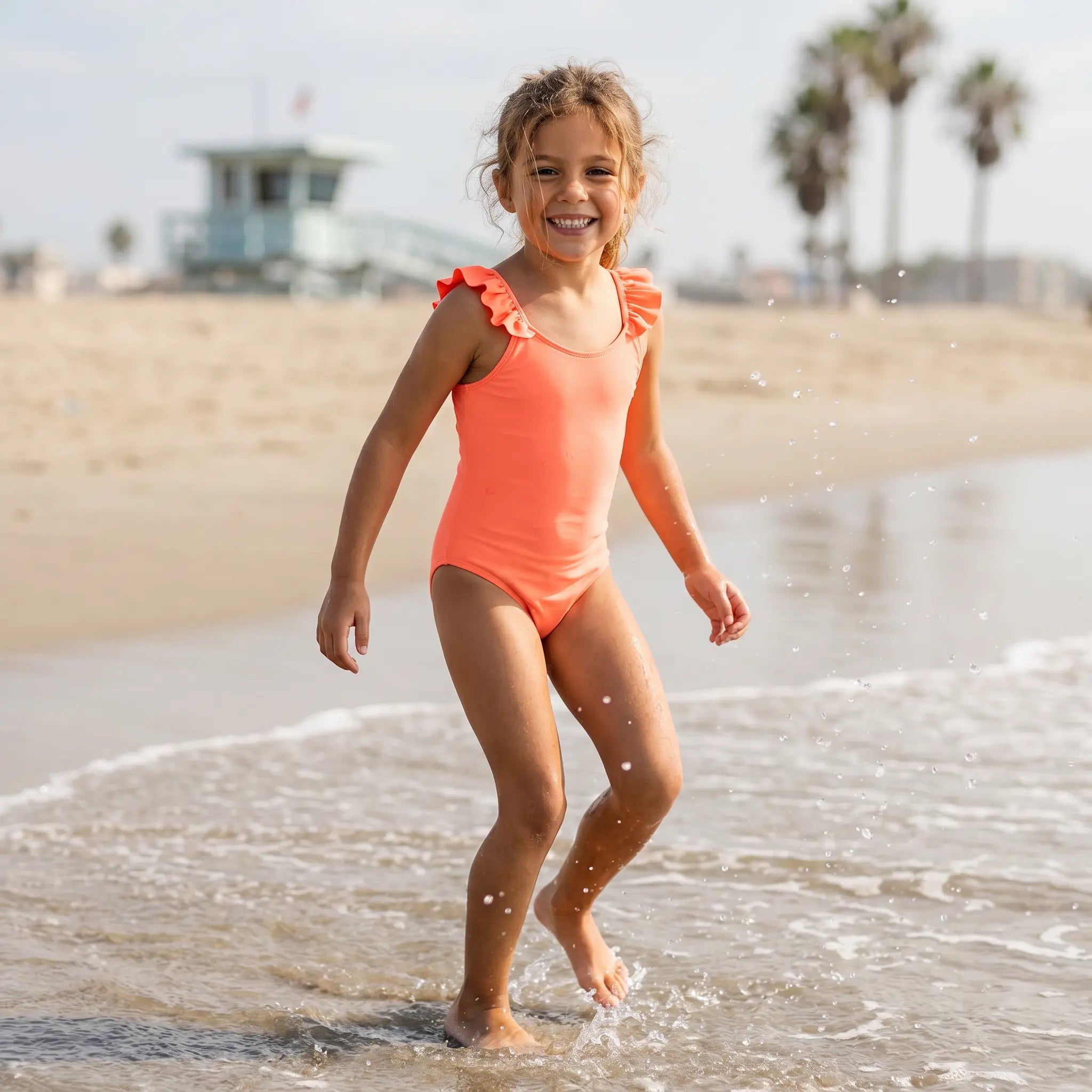 Neon Coral One Piece Girls Swimsuit LISON PARIS