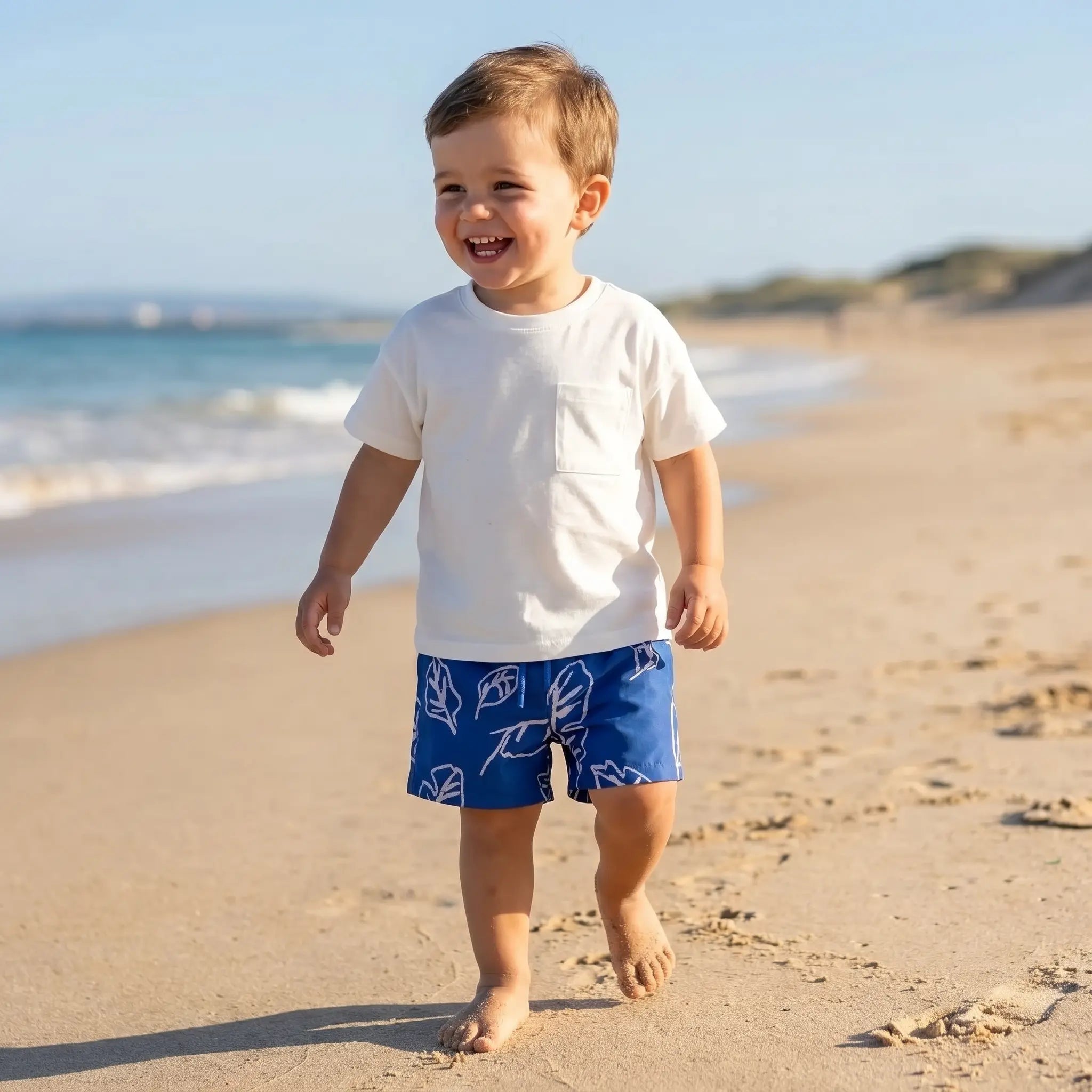 Plain White Jersey T-shirt &amp; Ocean Leaves Swim Shorts PLAY UP
