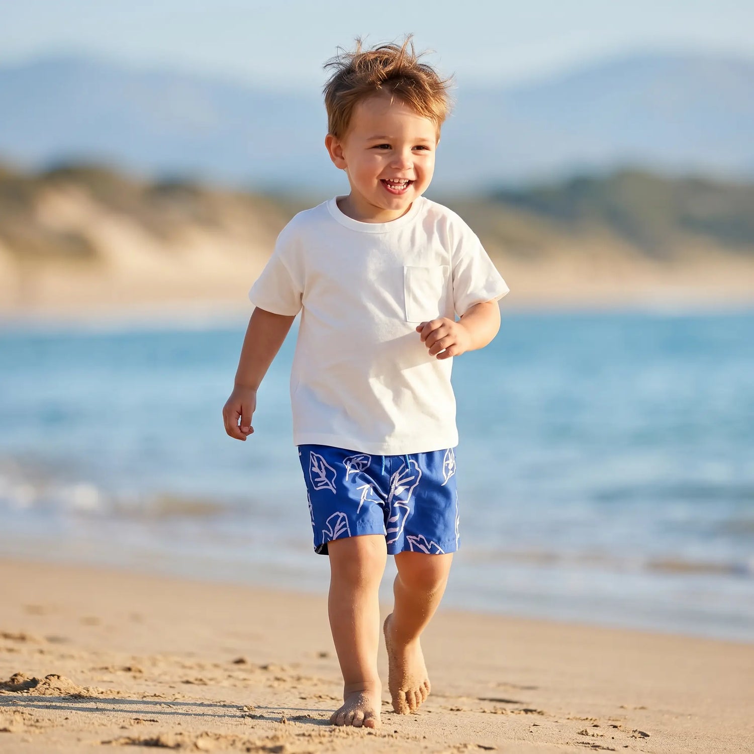 Plain White Jersey T-shirt &amp; Ocean Leaves Swim Shorts PLAY UP