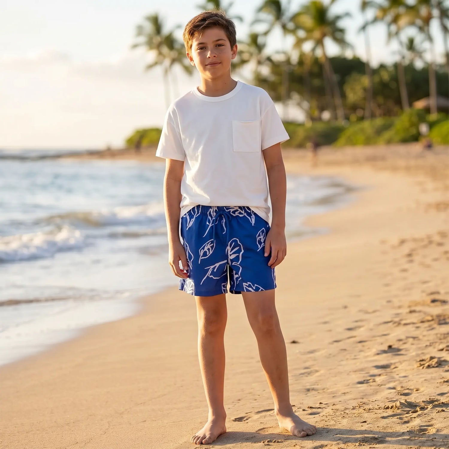 Plain White Jersey T-shirt &amp; Ocean Leaves Swim Shorts PLAY UP