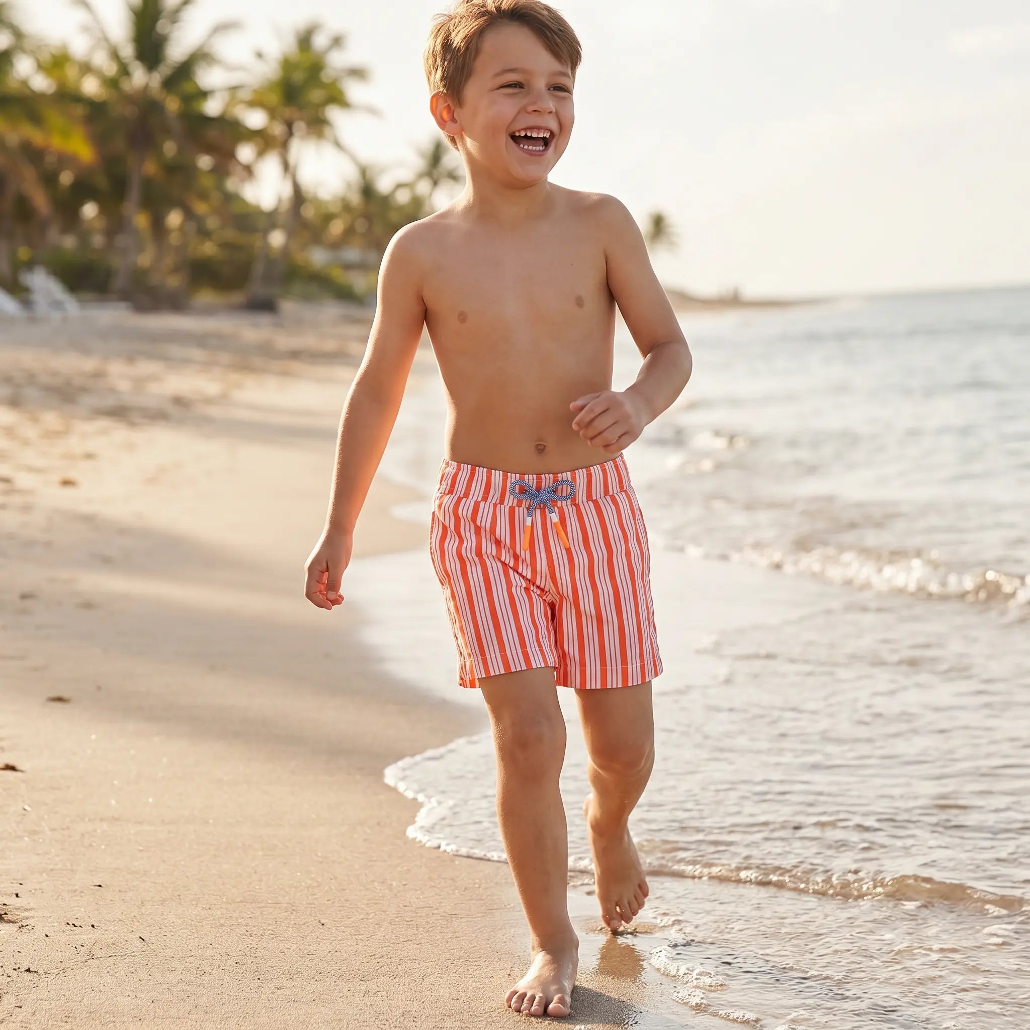 Orange and White Stripes Milo Boys Swim Shorts LISON PARIS