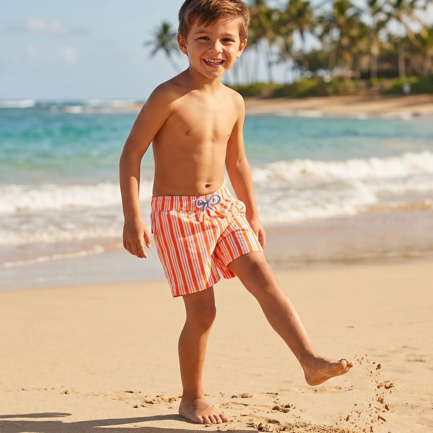 Orange and White Stripes Milo Boys Swim Shorts LISON PARIS