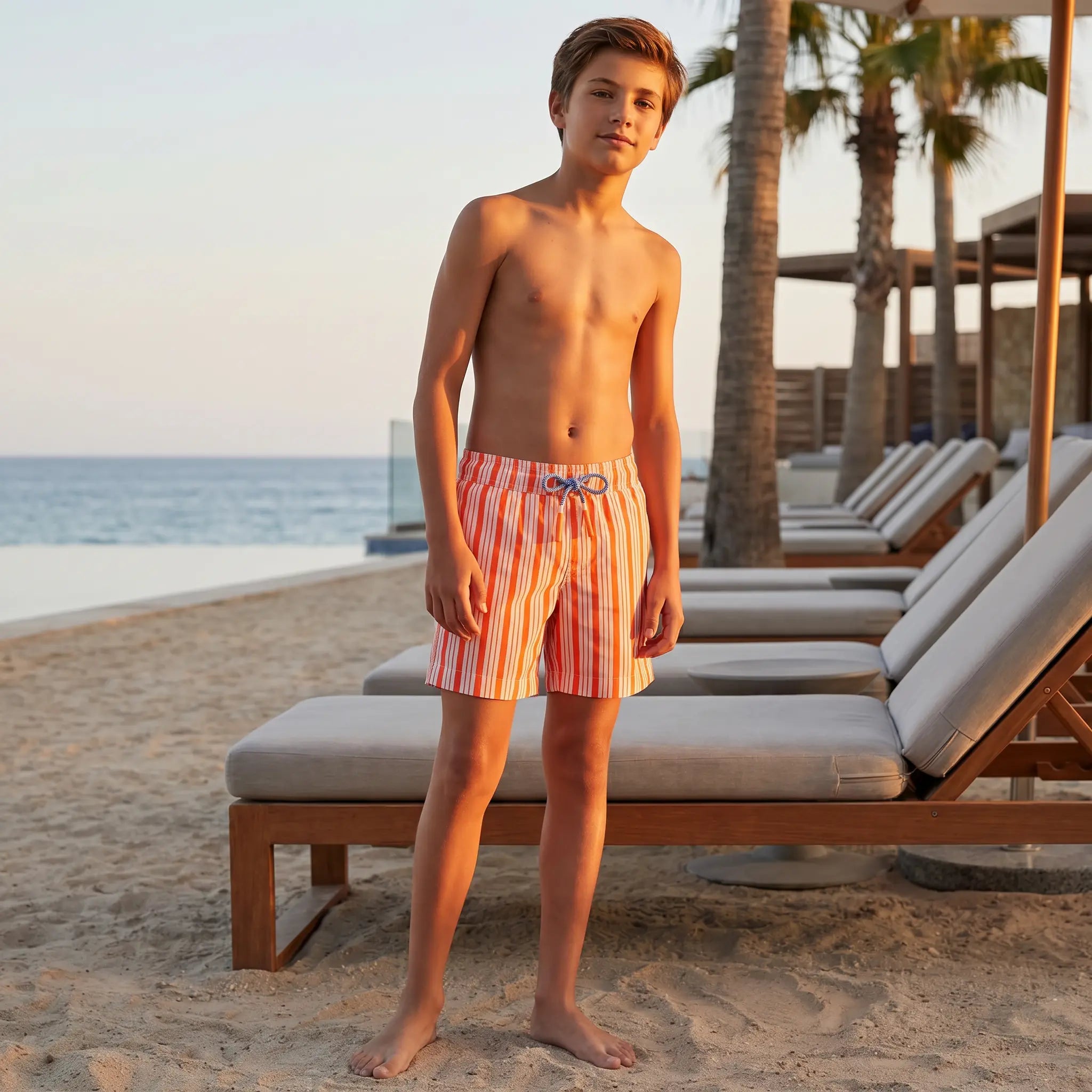 Orange and White Stripes Milo Boys Swim Shorts LISON PARIS