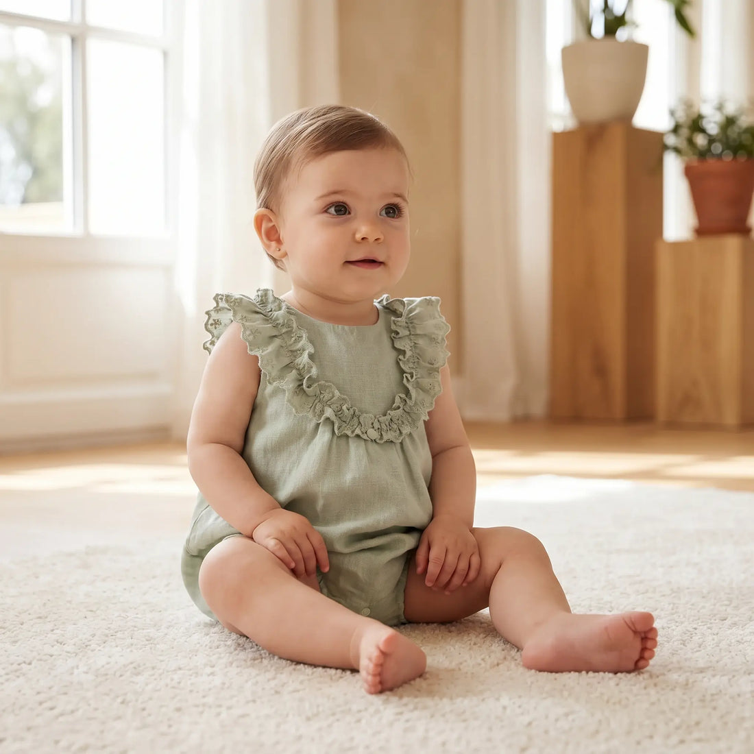 Green Linen Baby Girl Romper TARTINE ET CHOCOLAT