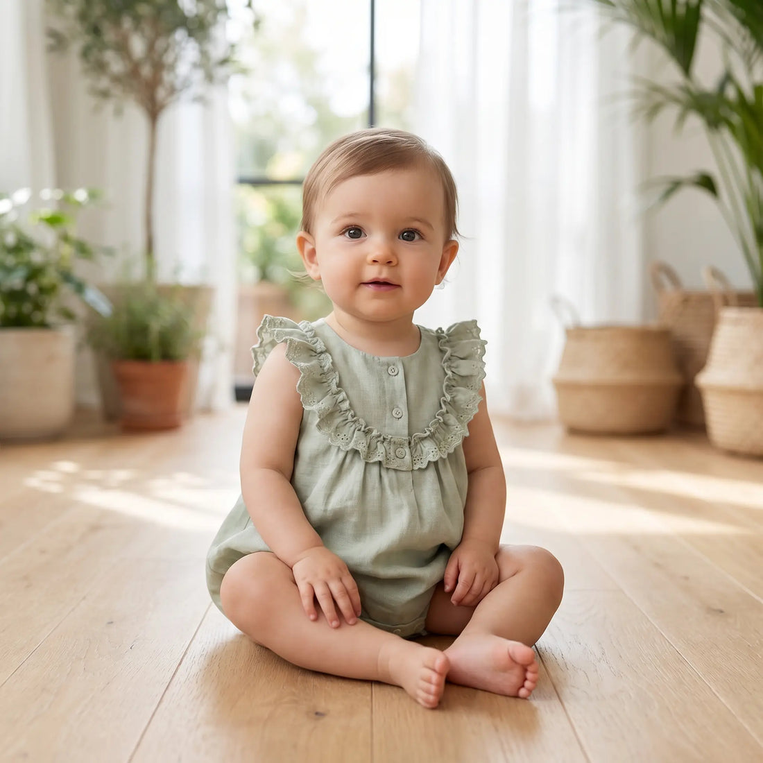 Green Linen Baby Girl Romper TARTINE ET CHOCOLAT