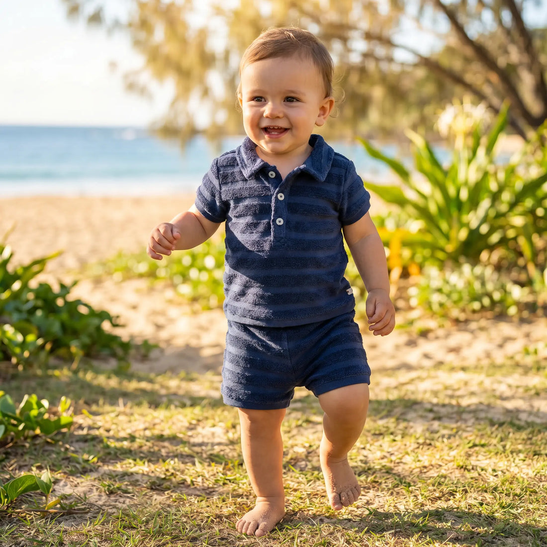 Navy Terry Stripes Baby Shorts Set TARTINE ET CHOCOLAT