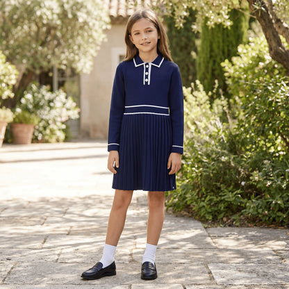 Classic Navy Pleat Dress TARTINE ET CHOCOLAT