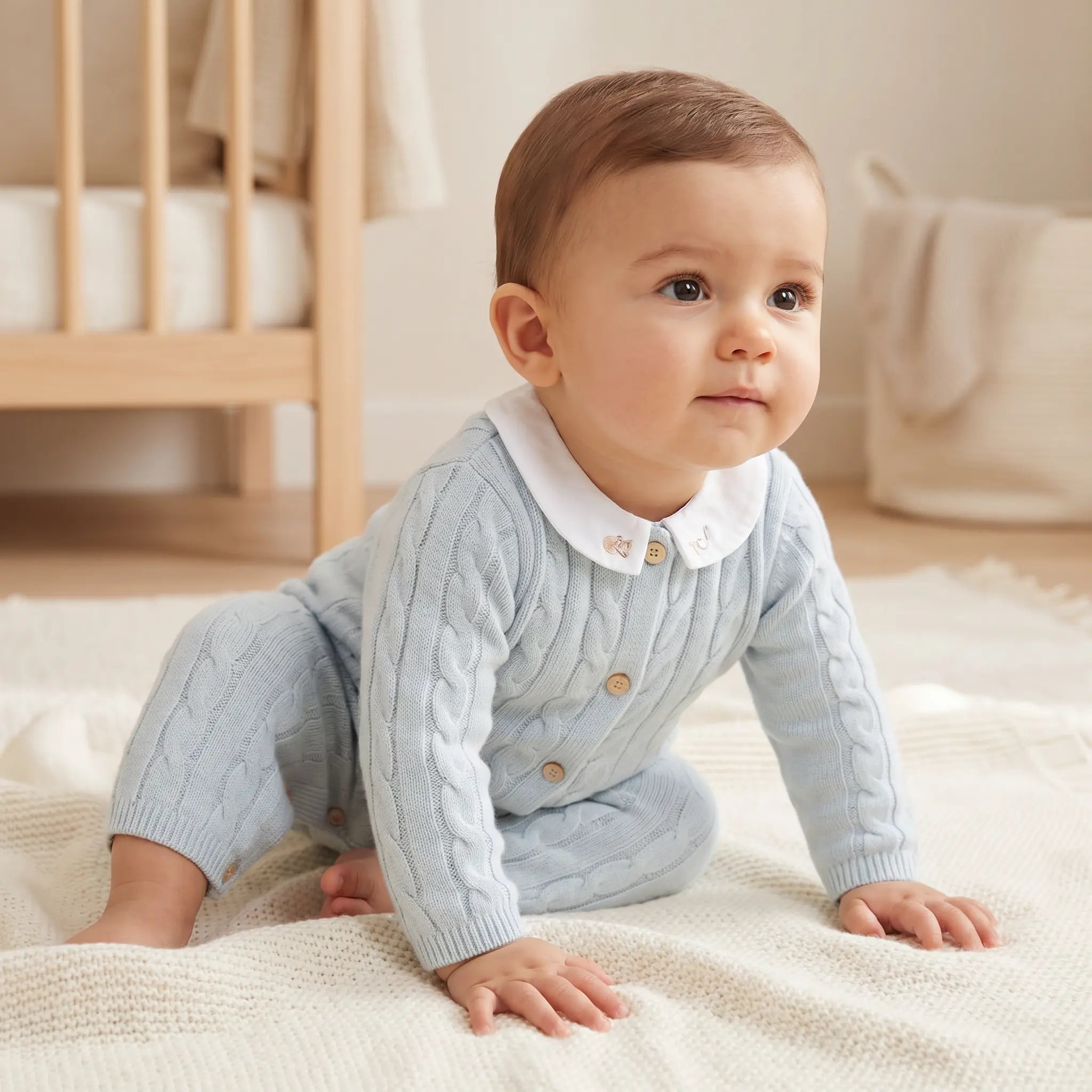 Wool Cashmere Collared Onesie - Sky Blue TARTINE ET CHOCOLAT