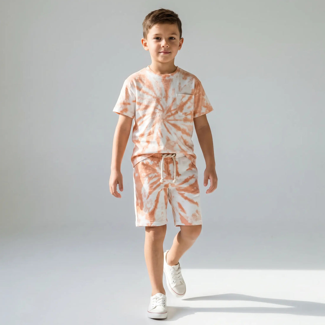 Round Neck Shirt &amp; Short - Orange White LITTLE HEDONIST